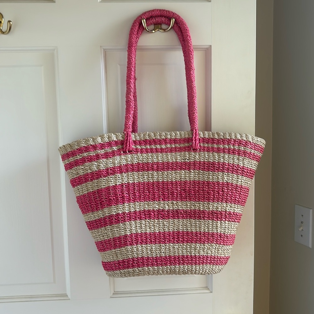 Pink and White Straw Beach Bag